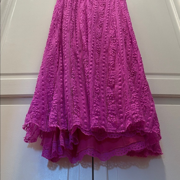✨Free People✨Wild Pink A-line Swing Dress V-neck Fuschia Stretch Lace Raw Hem XS - Picture 6 of 10